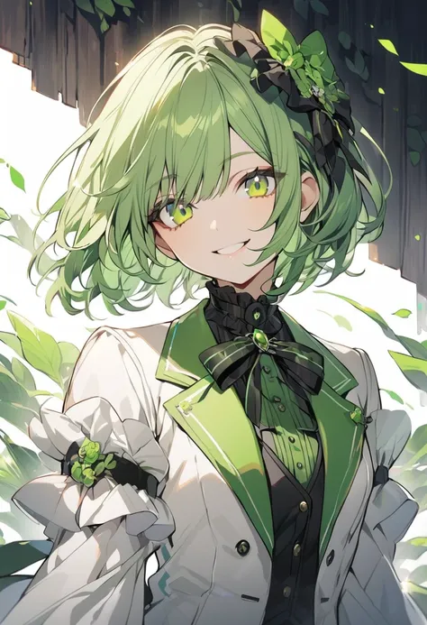 good looking, alone, 1 girl , short hair, sharp green Eyes, green hair , White, Smile Facial, front, Upper Body , suit , lolita