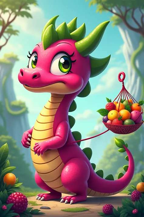 a cartoon dragon that looks like a dragon fruit and is dragging a net of fruit. 