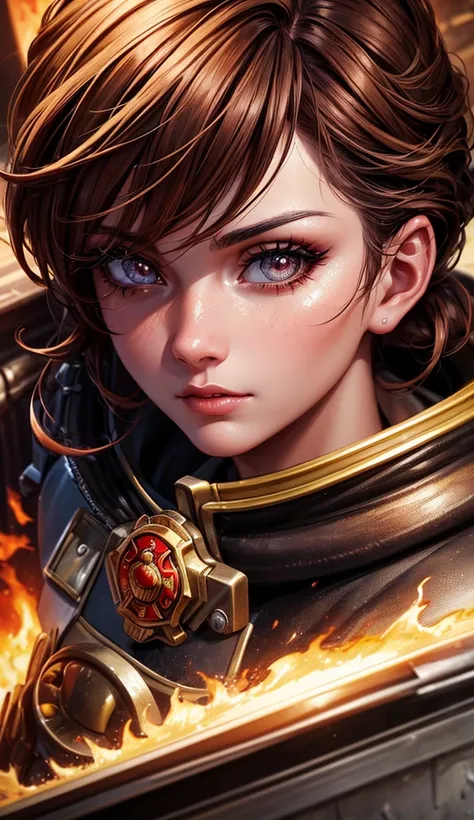 A heroic firefighter girl, beautiful detailed eyes, beautiful detailed lips, extremely detailed face and skin, long eyelashes, brown hair, firefighter uniform, determined expression, dynamic pose, fire engine, burning building, dramatic lighting, cinematic...