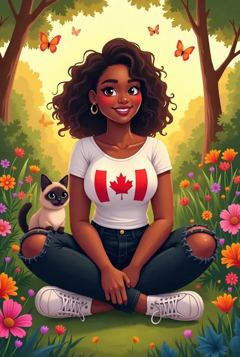 
A slightly chubby black woman with curly hair, a white t-shirt with the Canadian flag, black jeans ripped at the knee and sneakers,  she is in a garden full of flowers with the sunset in the background around her full of colorful butterflies with a Siames...