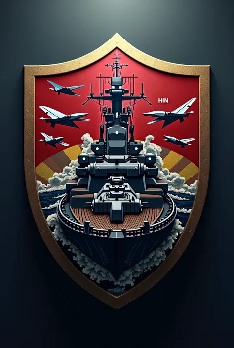 A shield bearing a battleship and planes with a name HIN