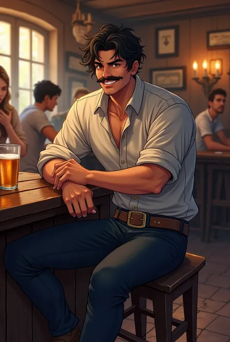  short black hair, wavy hair, tan, man, baggy buttoned up shirt, baggy sleeves, leather boots, navy pants, piercing eyes, holding beer mug, big smile, twisted mustache, sitting in pub, bruised eye, fantasy anime