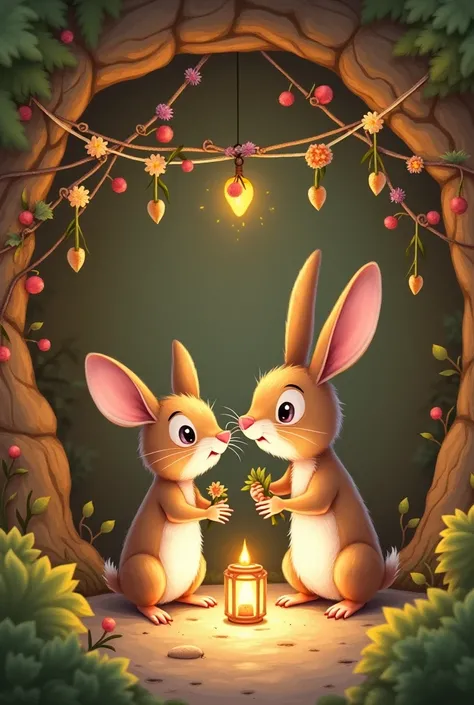 A mouse and a rabbit decorating a burrow