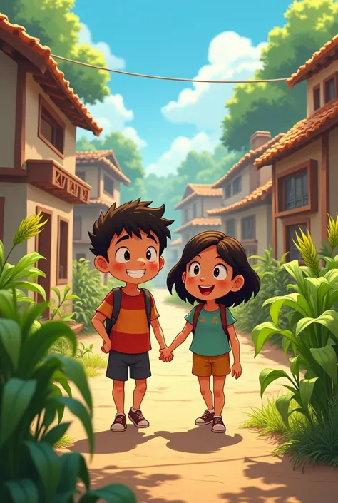 Cartoon of a small village during a  . Two friends, one guiding villagers to safety and the other securing crops, are shown working together with a sense of determination and teamwork."