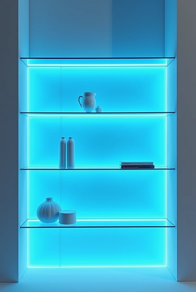 Glass shelves with blue LED lights with a thin white wooden frame (covering the glass on the sides)