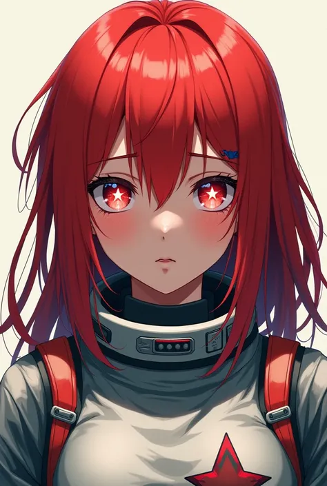 Anime girl with astronaut suit Without his headset, red haired and with an Star in the middle of his eyes with an serius expression