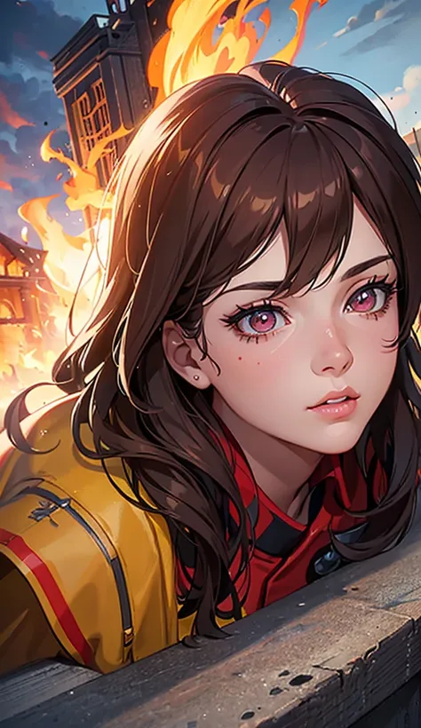 A heroic firefighter girl, beautiful detailed eyes, beautiful detailed lips, extremely detailed face and skin, long eyelashes, brown hair, firefighter uniform, determined expression, dynamic pose, fire engine, burning building, dramatic lighting, cinematic...