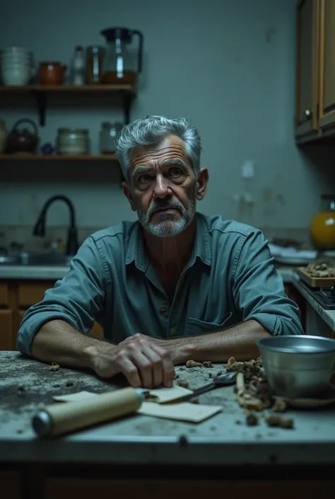 Sad 30-year-old man near dirty dishes in the sink

