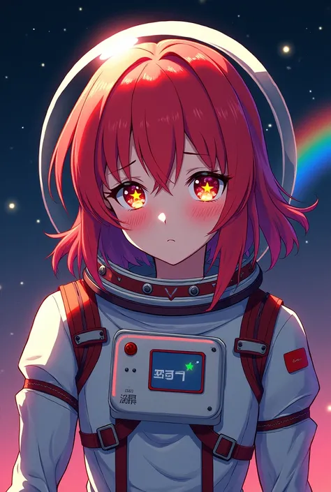 Anime girl with astronaut suit Without his headset, red haired and with an Star in the middle of his eyes with an tired expression