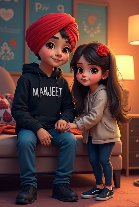 a18,years punjabi boy sir pe lal coolar ki turban pero me jute black coolar ke or hoodie pehan ke rakhi ho or hoodie pe name likha ho manjeet ,ek pass me punjabi girl khadi ho hath pakad kr  backgruand Aajuba  kbord pe name likha ho ,manjeet,, and or the n...