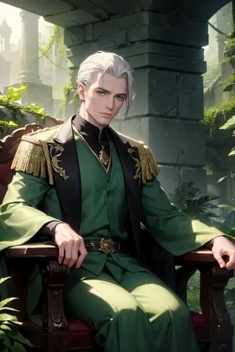 A charismatic man with pale skin and short, grey hair slicked back sits on a stone throne surrounded by dense vegetation and a light mist. His emerald green eyes are filled with mystery. He wears a dark green tunic with golden details and holds a scepter a...