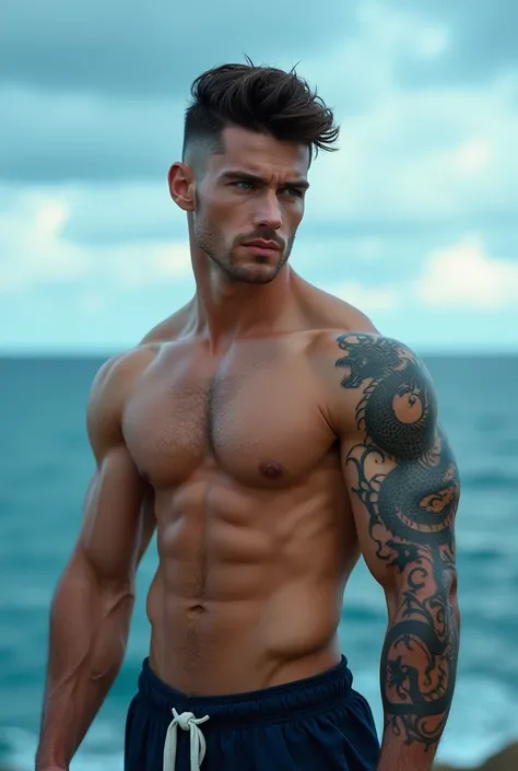 Young men、Background is the sea、He is very muscular and has a dragon tattoo on his arm.、Blue eyes, center parted hairstyle