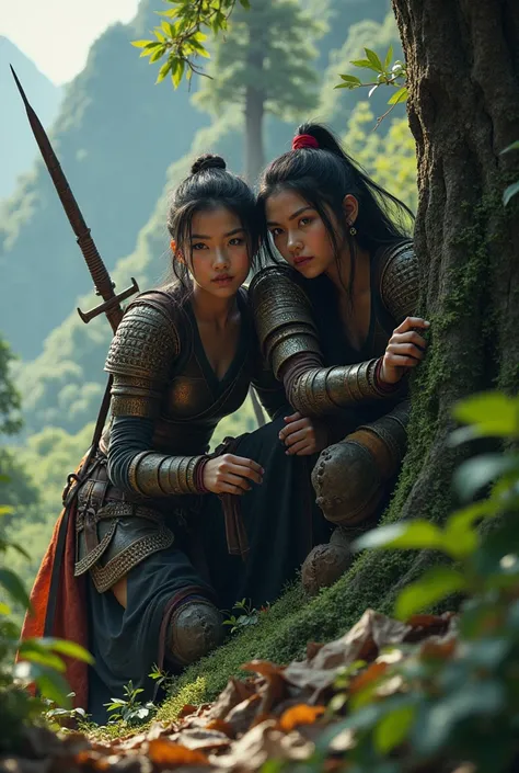 "Create an epic image of two female warriors, one Korean and one Indian, crouched together on the forest floor, peeking from behind a tree trunk, gazing intensely at their target. The scene should be set amidst a lush jungle with mountains in the backgroun...