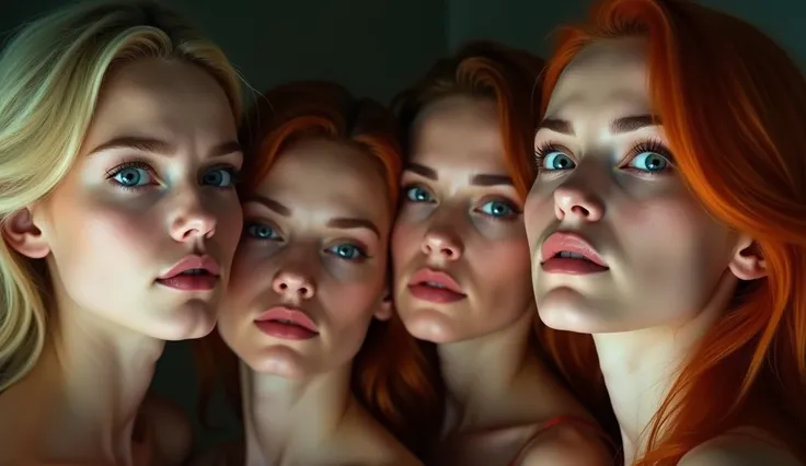 Four beautiful blonde and redheaded women, with sensual neckline, sensual with scared faces looking up .. focus on faces, high qualiy, Photo from above capturing them looking up...