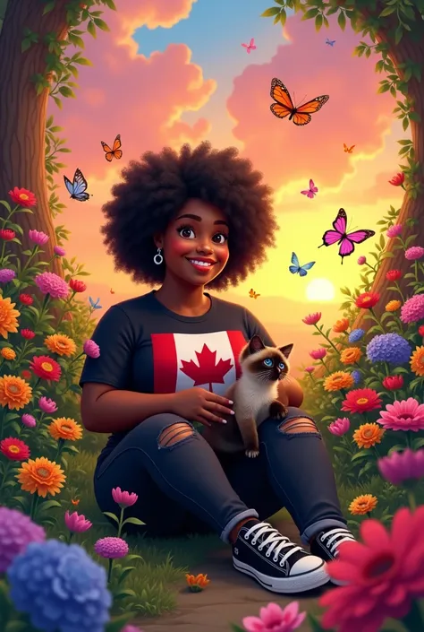 
A slightly chubby black woman with curly hair, a black t-shirt with the Canadian flag, black jeans ripped at the knee and sneakers,  she is in a garden full of flowers with the sunset in the background around her full of colorful butterflies with a Siames...