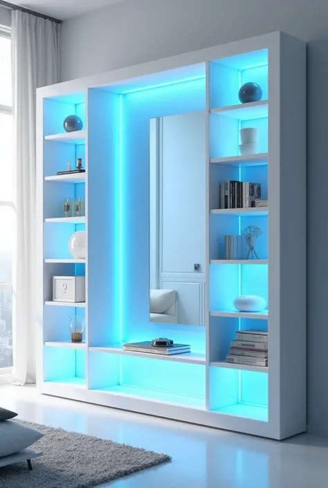 Large white shelf with a mirror behind and blue LED lights