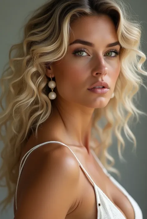 (((best qualityer))), highly detailed, high resolution. 2 female, blondie hair, clear green eyes, fleshy lips, heavy make-up, long  curly hair, curls, skin tanned, jewelry, realisitic, soft lighting, professional photograpy, photorealisitic, detailded, CRU...