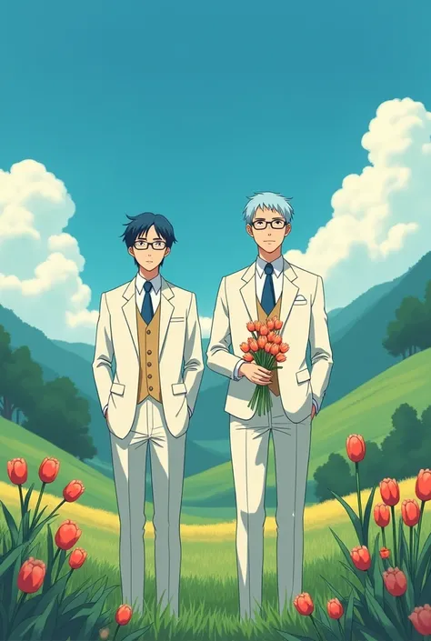 Create a gibli studio type image of two men in white suits, One with navy blue hair and the other with light blue hair and holding a bouquet of tulips in his hand, that both have glasses and brown eyes 