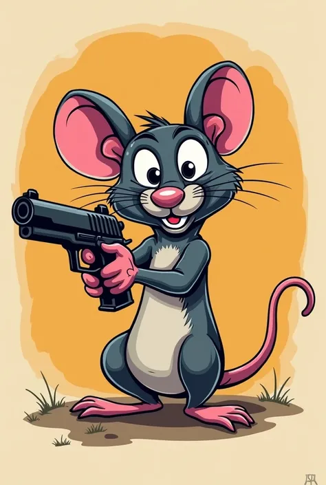 A shirt with a cartoon rat holding a gun
 