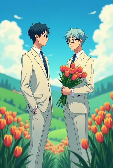 Create a gibli studio type image of two men in white suits, One with navy blue hair and the other with light blue hair and holding a bouquet of tulips in his hand, that both have glasses and brown eyes 