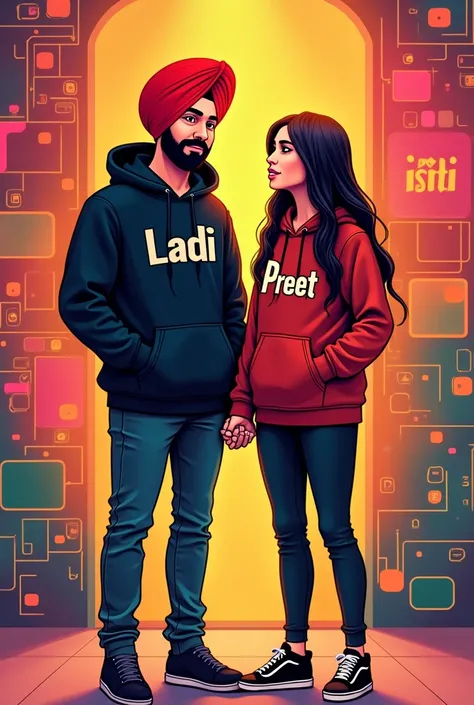 a20years punjabi boy sir pe lal coolar ki turban pero me jute black coolar ke or hoodie pehan ke rakhi ho or hoodie pe name likha ho ladi ,ek pass me punjabi girl khadi ho hath pakad kr  backgruand Aajuba  kbord pe name likha ho ,Ladi,, and or the name of ...