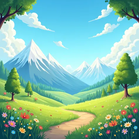 generate background image for kids, sky, mountain, grass, tree 