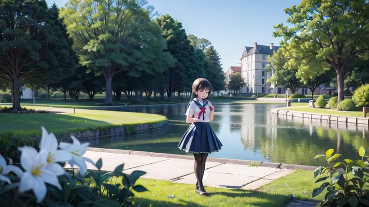 (masterpiece),  town,  blue sky,  one girl,  smile,  alone,  sailor suit、long skirt,  overgrown,  petal,  plant、skirt lining、tra...