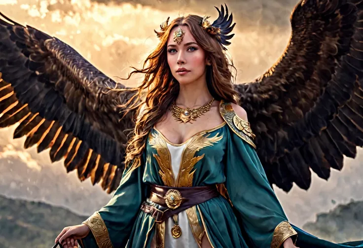 A cute female sorcerer, beautiful detailed eyes, beautiful detailed lips, extremely detailed eyes and face, longeyelashes,sexy airy silken robe with bright symbols, riding on the back of a fierce griffin (very large, forelegs of an eagle, head and mane of ...