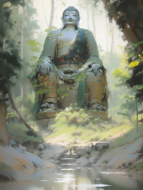 Painting of Buddha statue in the forest,Digital Painting, There is a Buddha statue in the mysterious forest，In front of the pond，CG concept art，Foggy