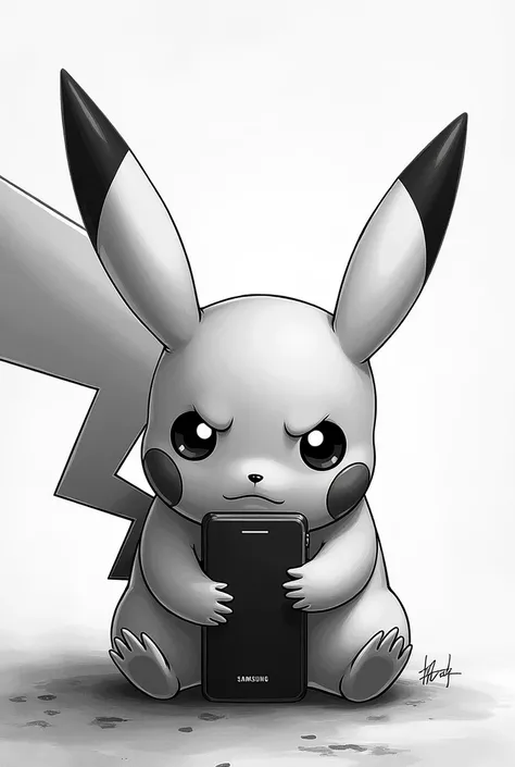 Pikachu crying while holding a Samsung j1 mine in black and white
