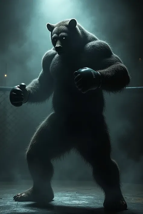 Dark silhouette in shadows of a humanoid bear training in mma gym in shadows with mma gloves throwing kicks