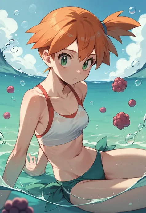 Misty_pokemon , Berry Short,Orange Hair, one side up hair ,Big green eyes,Small breasts,Skinny . Horsea, Pokemon, water , bubble, cute , Beauty girl , fresh , dive . Enjoy, beach, summer , swimming 