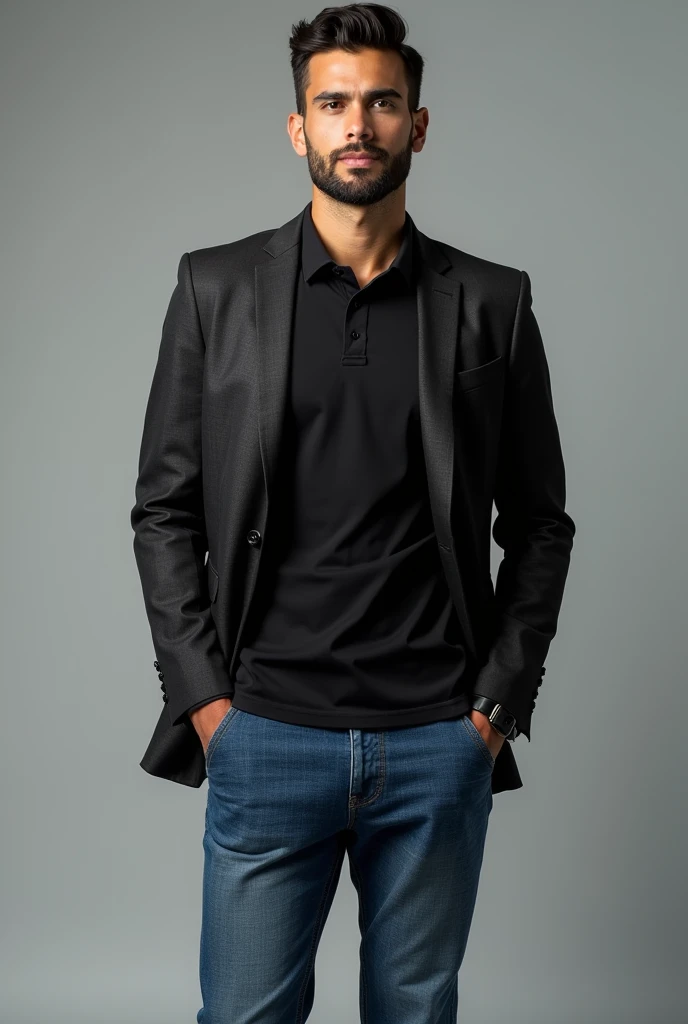 Create a clothing combination for a black polo shirt for men, with a combination with a jacket or jacket full body image,  polo shirt, with blue jeans, for the office 