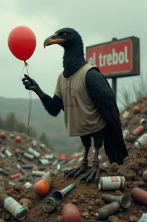 A black buzzard wearing a T-shirt and holding a red ballon in a dump with a sign "EL TREBOL" on it