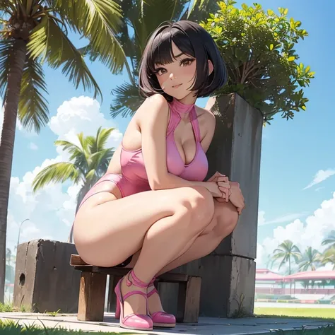 (Masterpiece), (High Resolution), (Best Quality), (Anatomically Correct), (High Details), (HD), (High Quality), (character solo, alone), (fantasy), (anime style)
{{1character:50 years old black haired milf wearing a highleg pink one-piece swimsuit:(medium ...