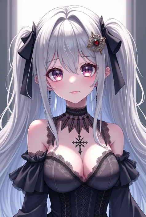 A stunning female anime character with long, flowing silver hair that cascades down her shoulders and back. She has delicate, pale skin and large, expressive eyes with a soft, serene expression. Her outfit is a mix of gothic and elegant, featuring a black ...