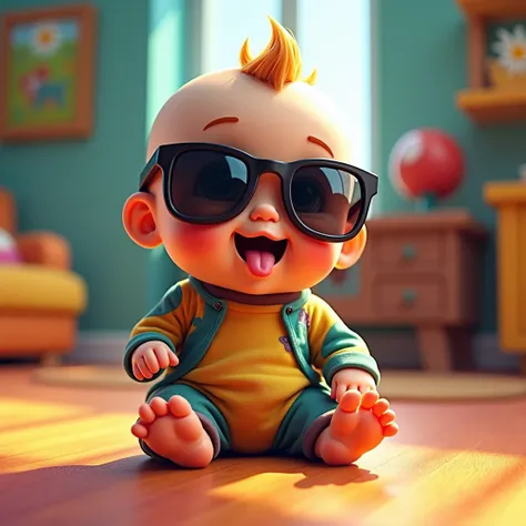 サングラスをかけて舌を出しているイケイケ赤ちゃん: "A highly detailed illustration of a baby wearing dark, reflective sunglasses, sticking out its tongue playfully. The baby is dressed in a fun, colorful onesie with bold patterns, and the background is a lively playroom filled wit...