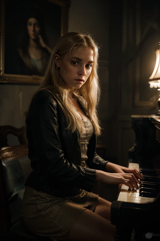 20 year old blonde girl, playing piano, book in other hand, sweaty and sad face, girl in a period room, dark room, beautiful girl, intricate details, photorealistic, ultra-detailed, cinematic lighting, dramatic mood, melancholic expression, elegant and ref...