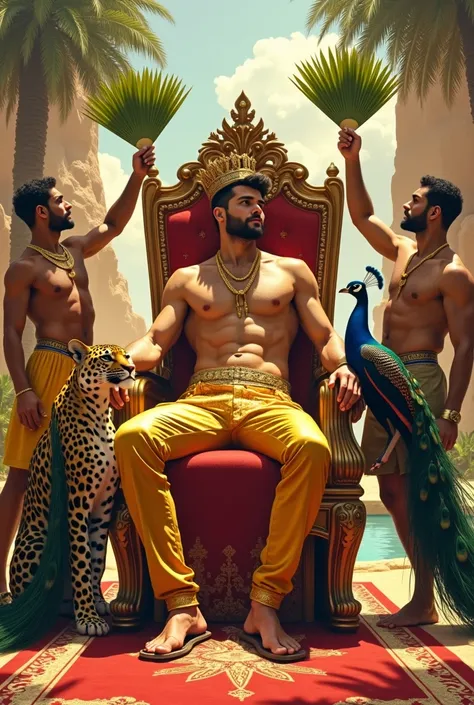 A handsome handsome man without a shirt wearing a golden pants with a crown sitting on a king&#39;s chair, thin and white skinned, in the desert with a desert palm tree behind a lake and a peacock with two leopards at his side, a rug under his feet, two me...