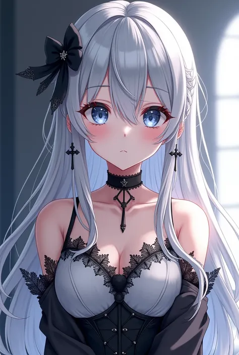 A stunning female anime character with long, flowing silver hair that cascades down her shoulders and back. She has delicate, pale skin and large, expressive eyes with a soft, serene expression. Her outfit is a mix of gothic and elegant, featuring a black ...