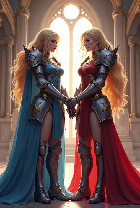 Tall female twin warriors, one wearing blue armor and the other wearing red armor. Tall, big chest, blonde hair, one of the twins with short hair and the other with long hair, white skin color, holding hands. The scene is a castle room, blue eyes. 