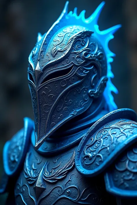 blue-glowing dwarf armor helmet with male dragon detailing