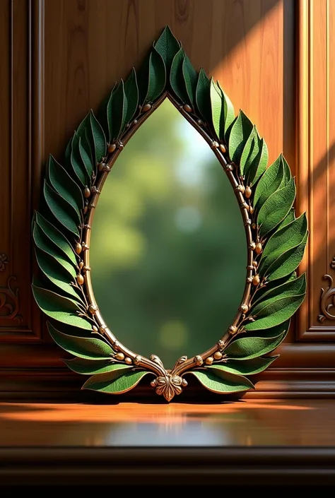 Drawing of an antique mirror in the shape of a tree leaf