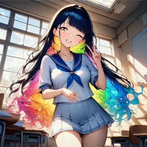 (((anime))) a woman winking,peace sign,cutesy,student,long hair,fluffy long hair,(rainbow hair),oblique bangs,necklace,yellow ey...