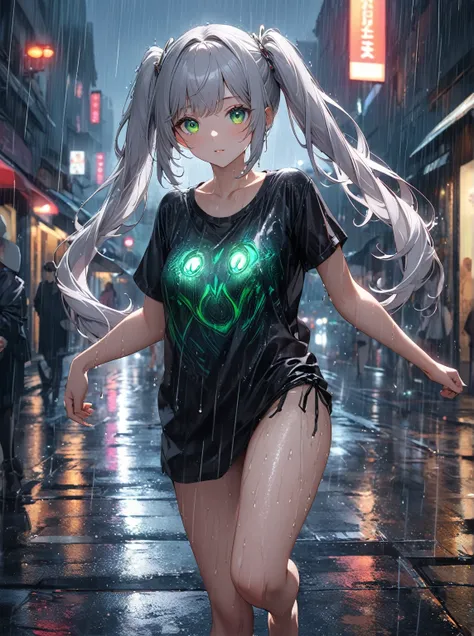 Ultra high resolution, rich colors, perfect image, top quality, detailed image, beautiful woman, glowing skin, texture of skin and clothes, delicate eyes, rain, on the street, only a large Y-shirt, barefoot, silver hair twin tails, green eyes