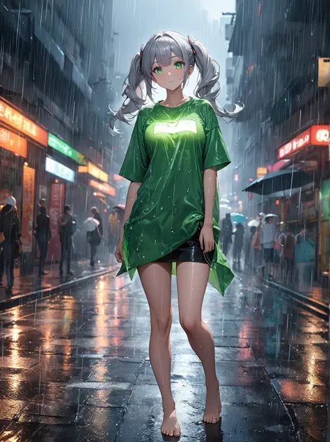 Ultra high resolution, rich colors, perfect image, top quality, detailed image, beautiful woman, glowing skin, texture of skin and clothes, delicate eyes, rain, on the street, only a large Y-shirt, barefoot, silver hair twin tails, green eyes