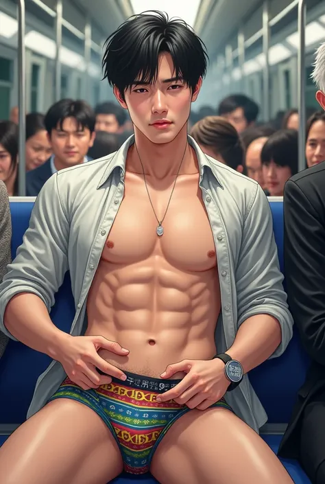 Realistic、Cute handsome man、Idol face、、Japanese、Slim body、Mash Hair、Torn and open shirt、Six-pack、A crowded train、Colorful thin boxer briefs、The old man next door puts his hand inside his briefs、Being touched all over the body、Old man grabs bulge in boxer b...