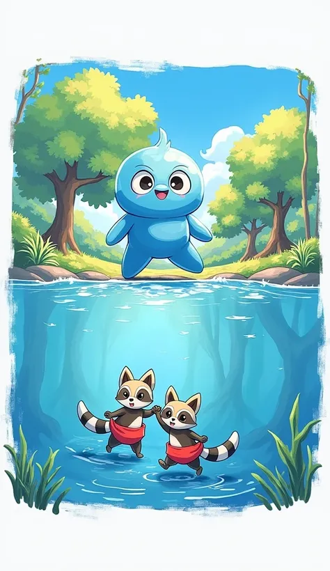 Pokémon Wooper and、Two raccoons in red loincloths walking together。
in the forest、sunny。