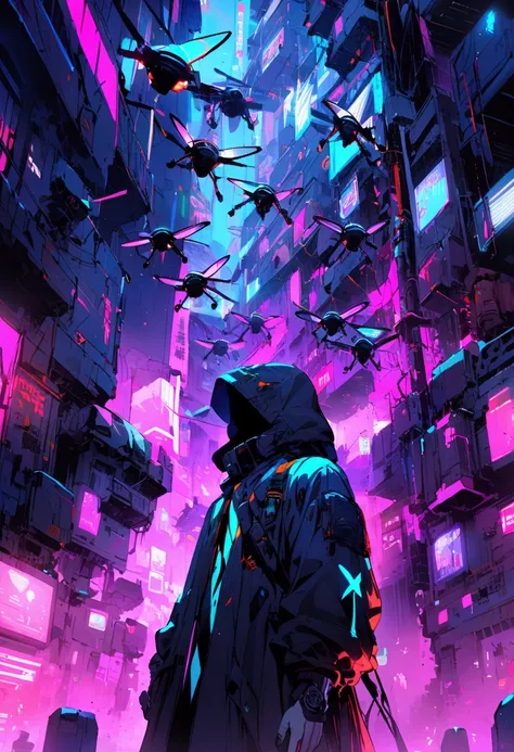 A boy at the right side with a planty of drones, the background is Technological,  neon