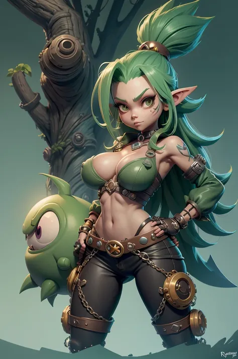 Rayman Legends style tree, character estilo art rayman legends, girl, fully body, STYLE mercenary with futuristic doom style weapons, Giant Accessories,Giant Monster, big breats,Little bunny,big breast, sensuality, elfo, mascot next door,doom style weapons